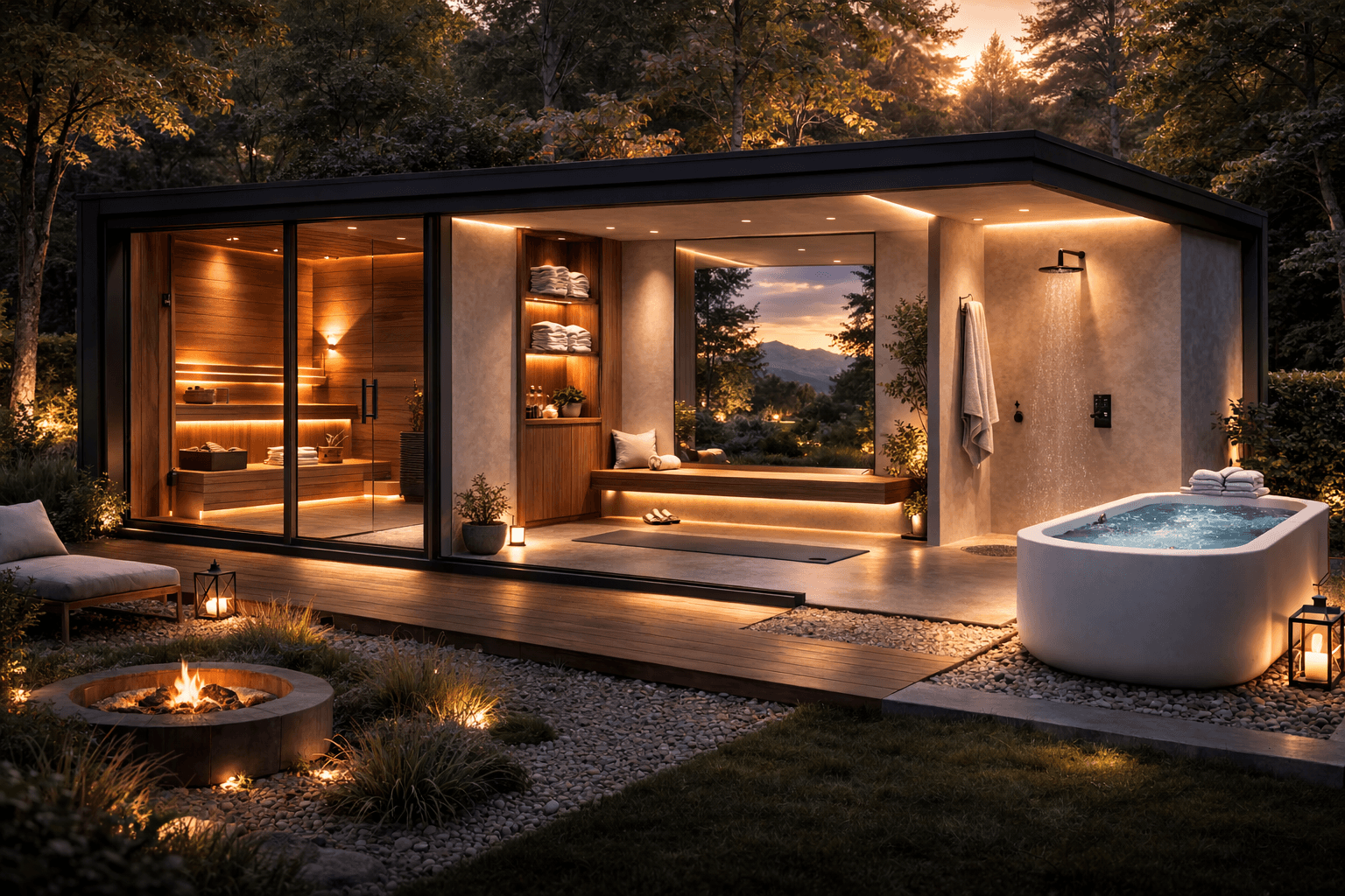 AUREUM Recovery Pavilion — exterior view with cold plunge and sauna